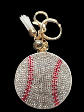 Rhinestone Baseball Bag Charm Keychain - Silver & Red